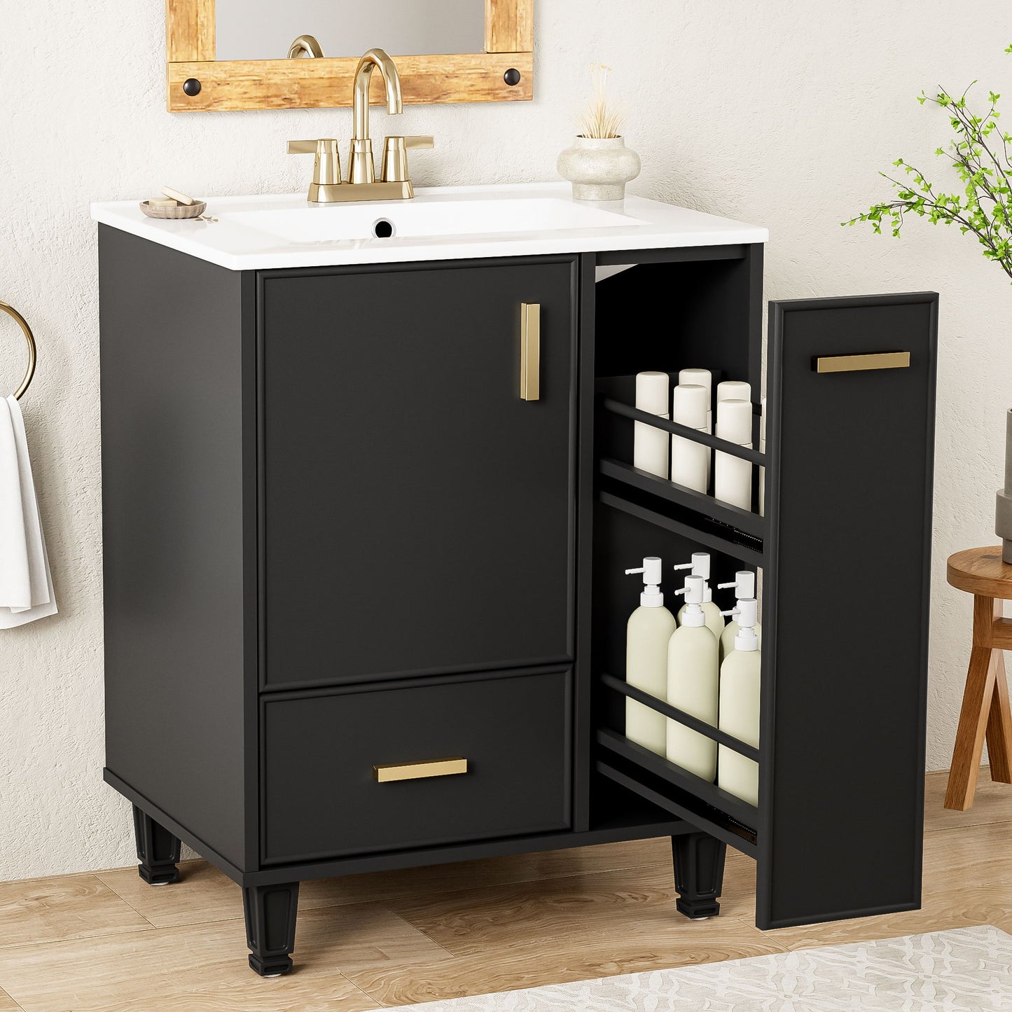 Modern Solid Wood And 24" Bathroom Vanity With Sink, Deep Drawer, Door Shelf, 2 Tier Basket - Black
