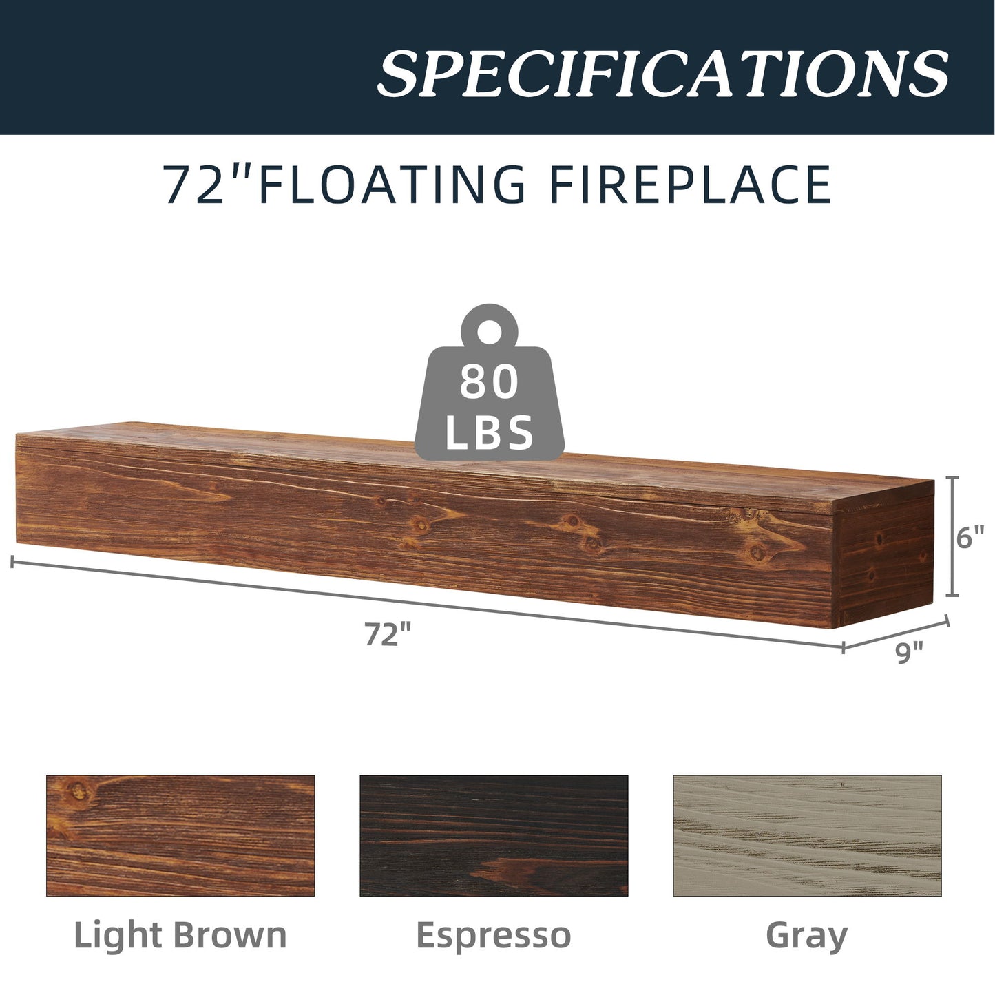 72" Rustic Wood Fireplace Mantel, Wall-Mounted & Floating Shelf For Home Decor - Brown