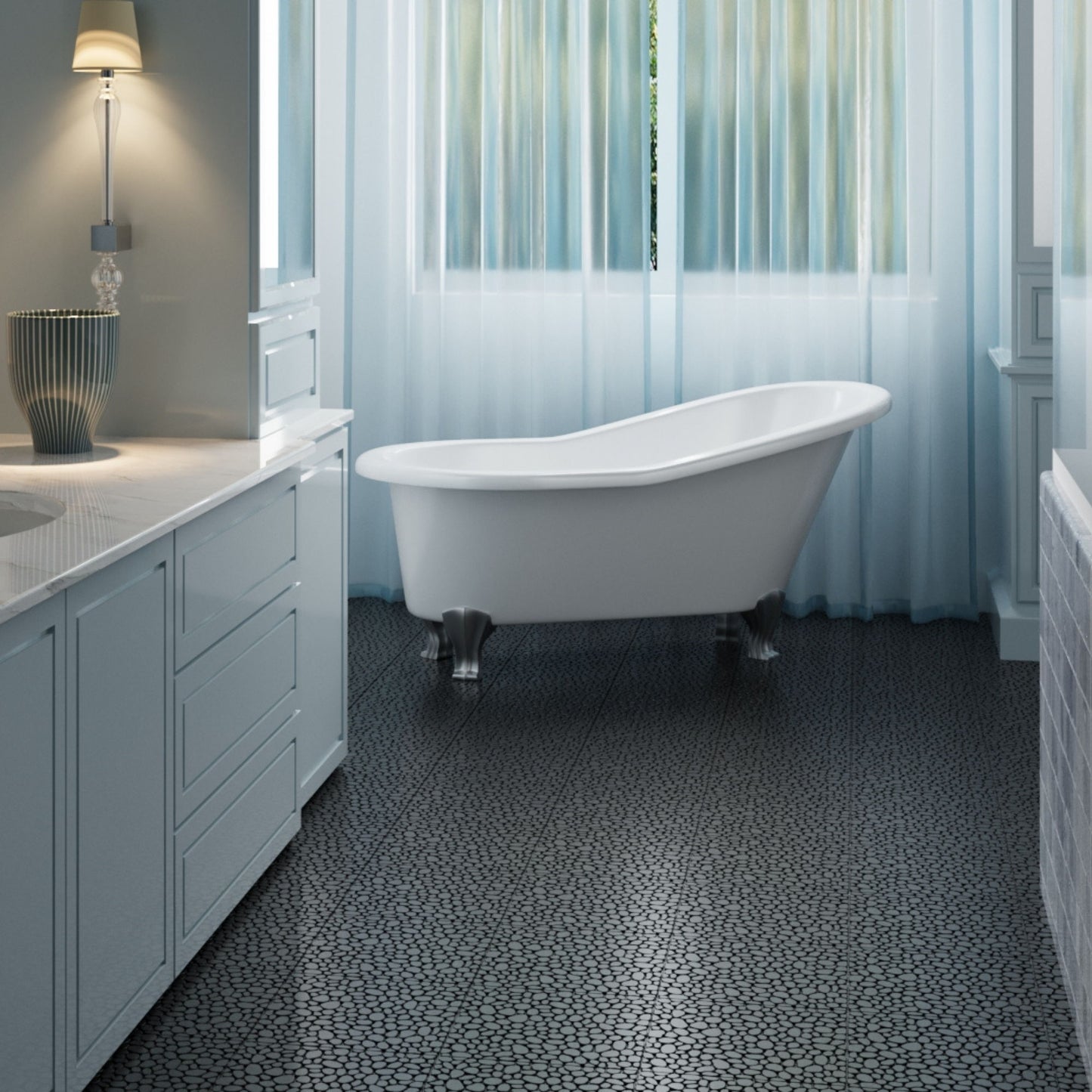 Interlocking Deck Tiles Plastic Waterproof Outdoor All Weather Anti-Slip Bathroom Shower Balcony Porch Strong Weight Capacity Upto 440 Lbs, Pebble Stone Pattern Pack Of 12 - Black