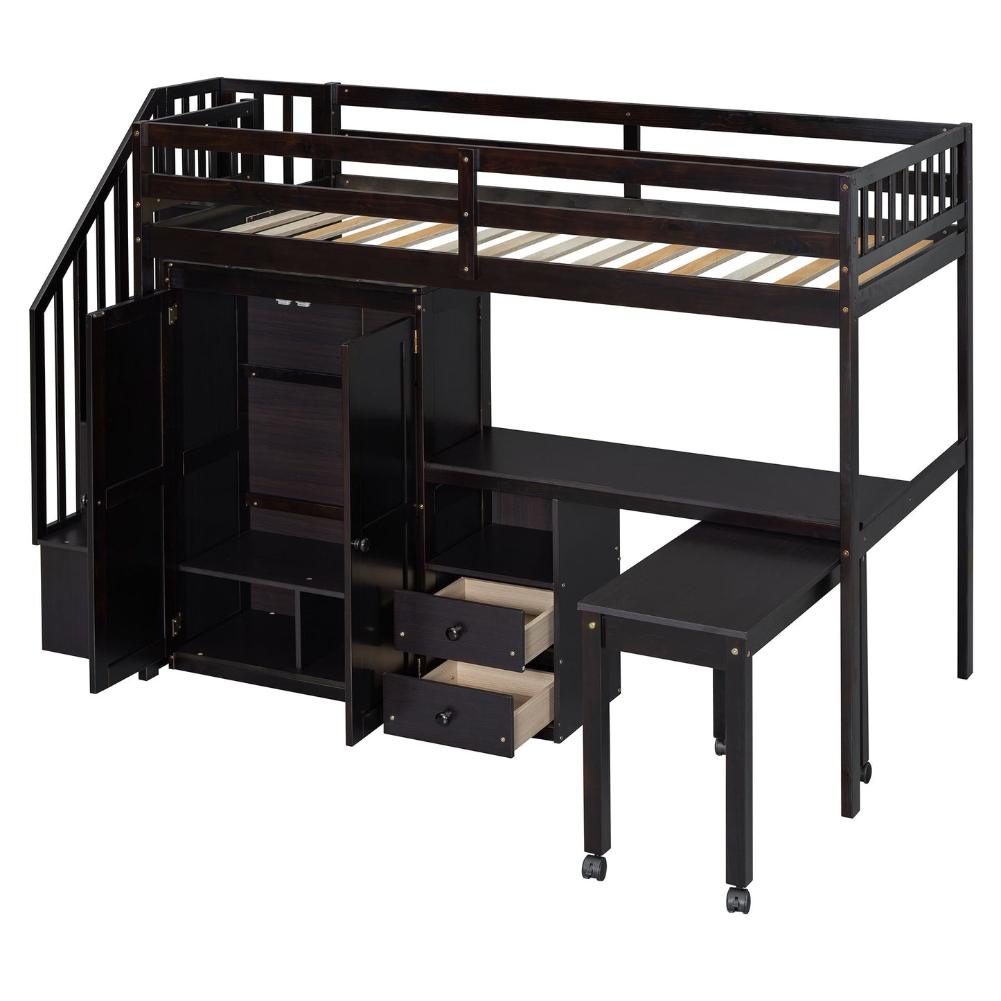 Twin Size Loft Bed With Stairs, Bookshelf, Drawers, Desk & Wardrobe, Space Saving Multifunctional Furniture - Espresso