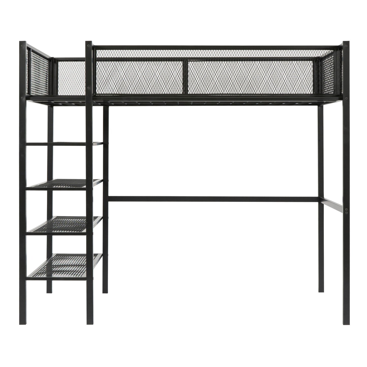 Twin Size Loft Bed With 4 Tier Shelves And Storage - Black