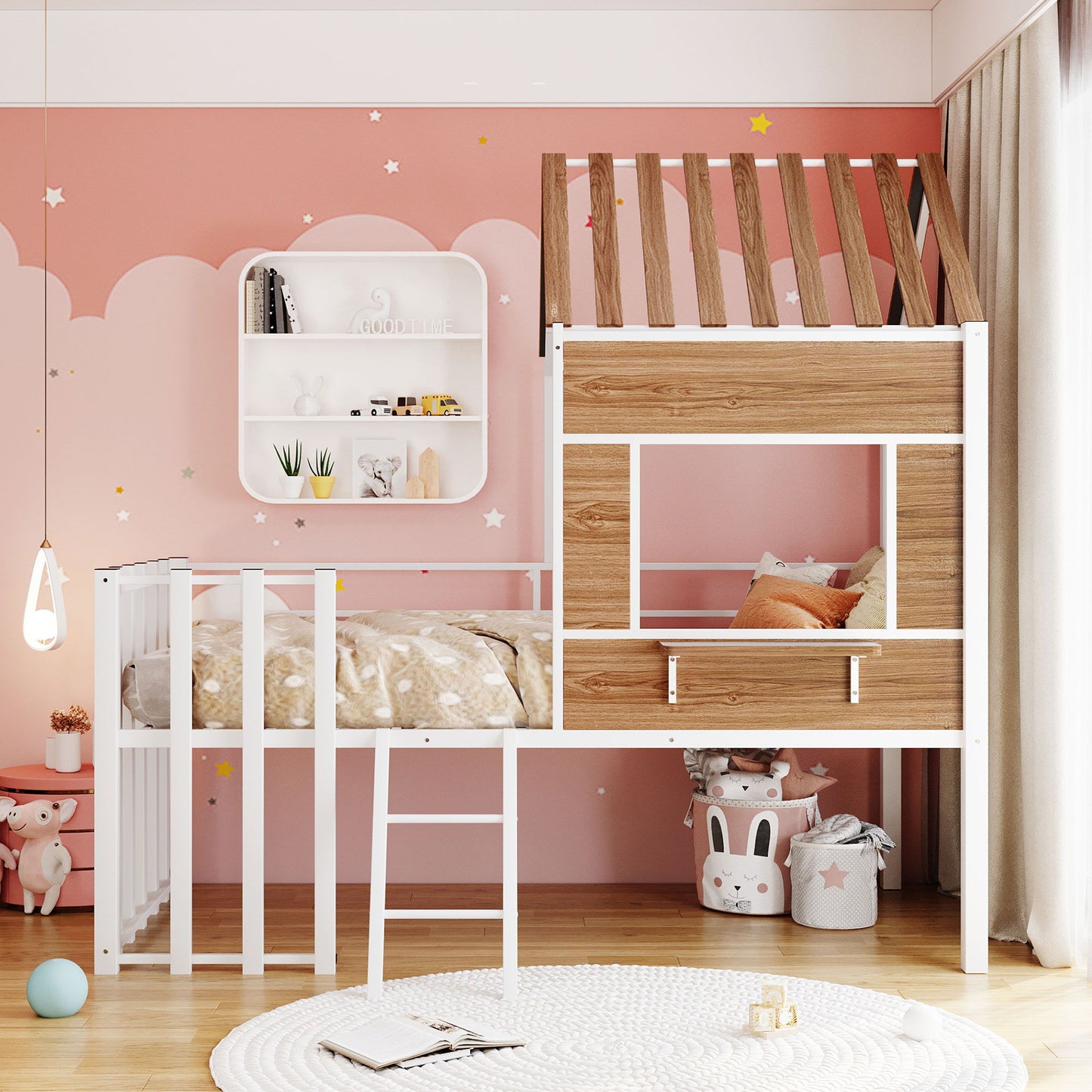 Twin Size Loft Bed With Roof, Window, Guardrail, Ladder - White