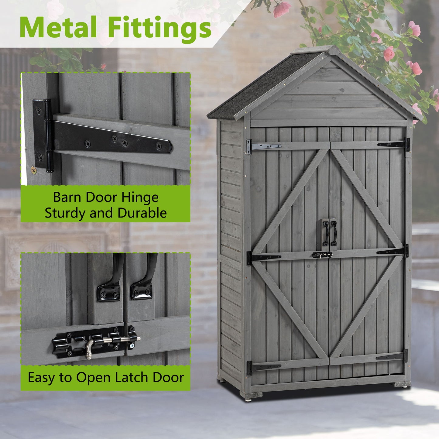 Outdoor Storage Cabinet, Garden Wood Tool Shed, Outside Wooden Shed Closet With Shelves And Latch For Yard - Gray