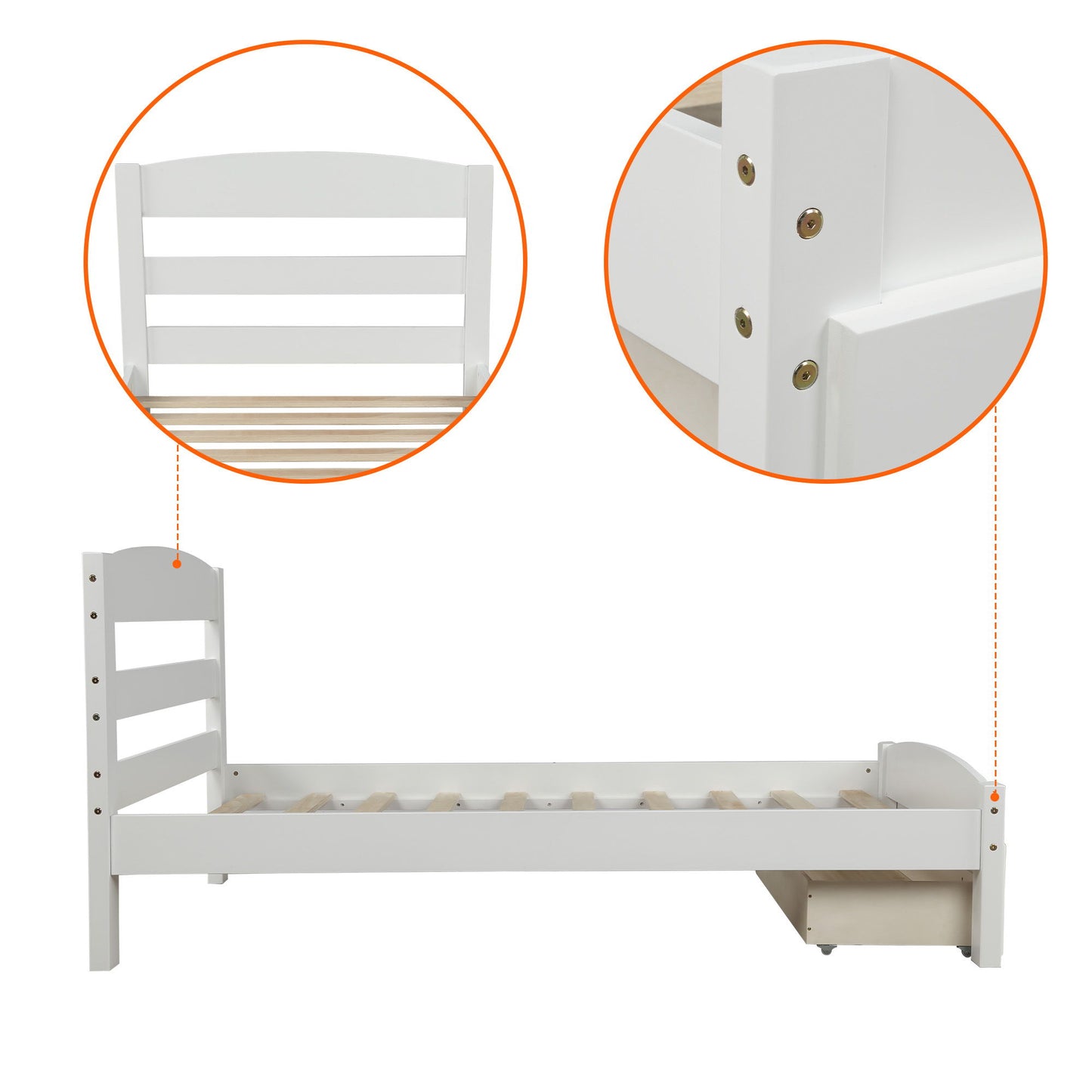 Twin Platform Bed Frame With Storage Drawer And Slat Support No Box Spring Needed - White