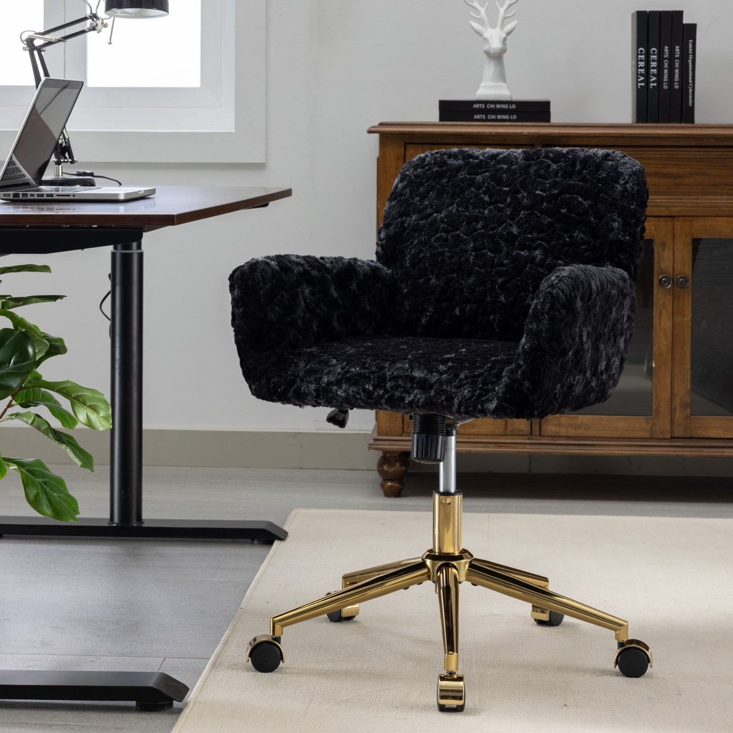 Office Chair, Artificial Rabbit Hair Home Office Chair With Golden Metal Base, Adjustable Desk Chair Swivel Office Chair, Vanity Chair - Black