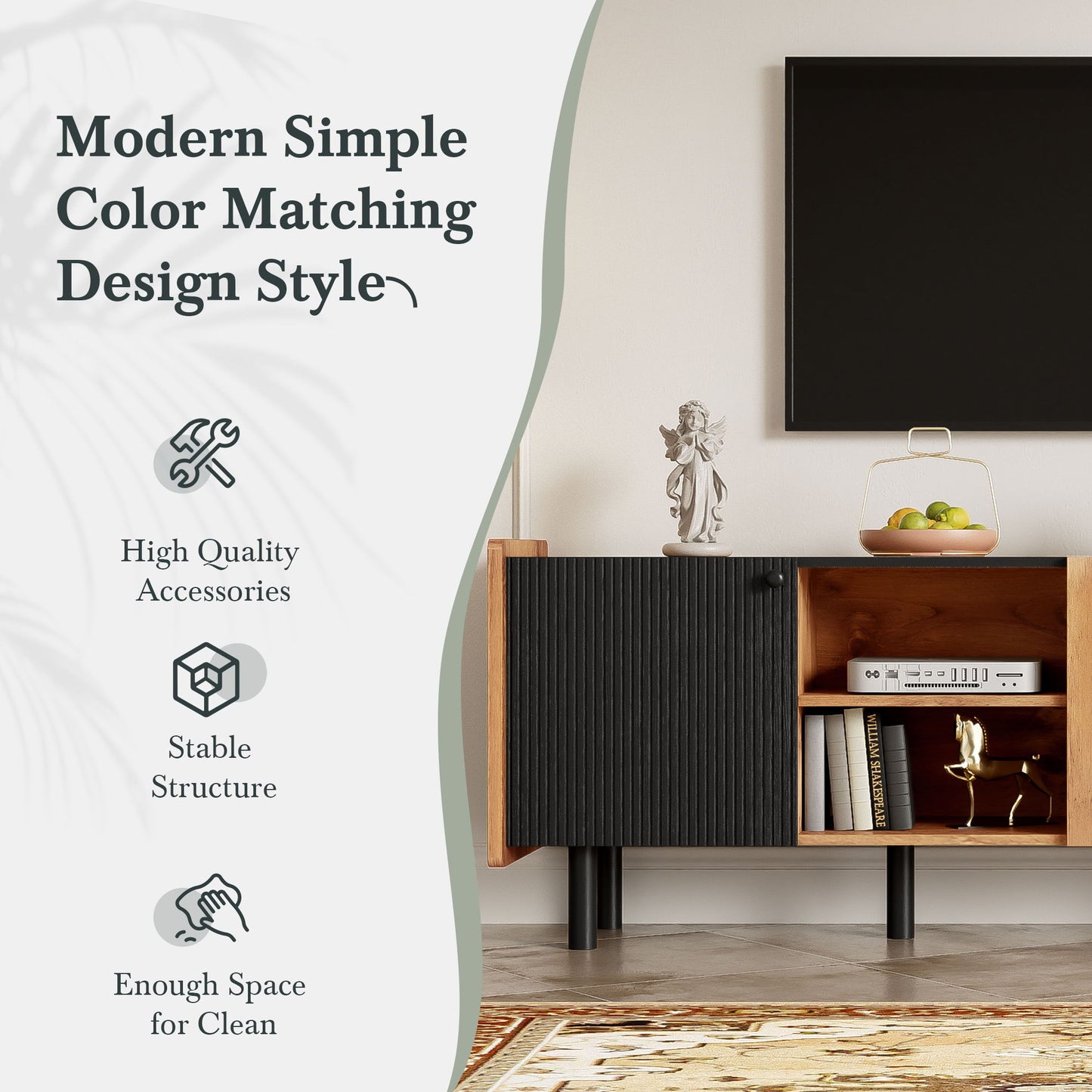 Mid Century TV Stand With 3 Cabinets, Media Console Table For Tvs Up To 70'', Entertainment Center With Storage For Living Room - Black / Brown