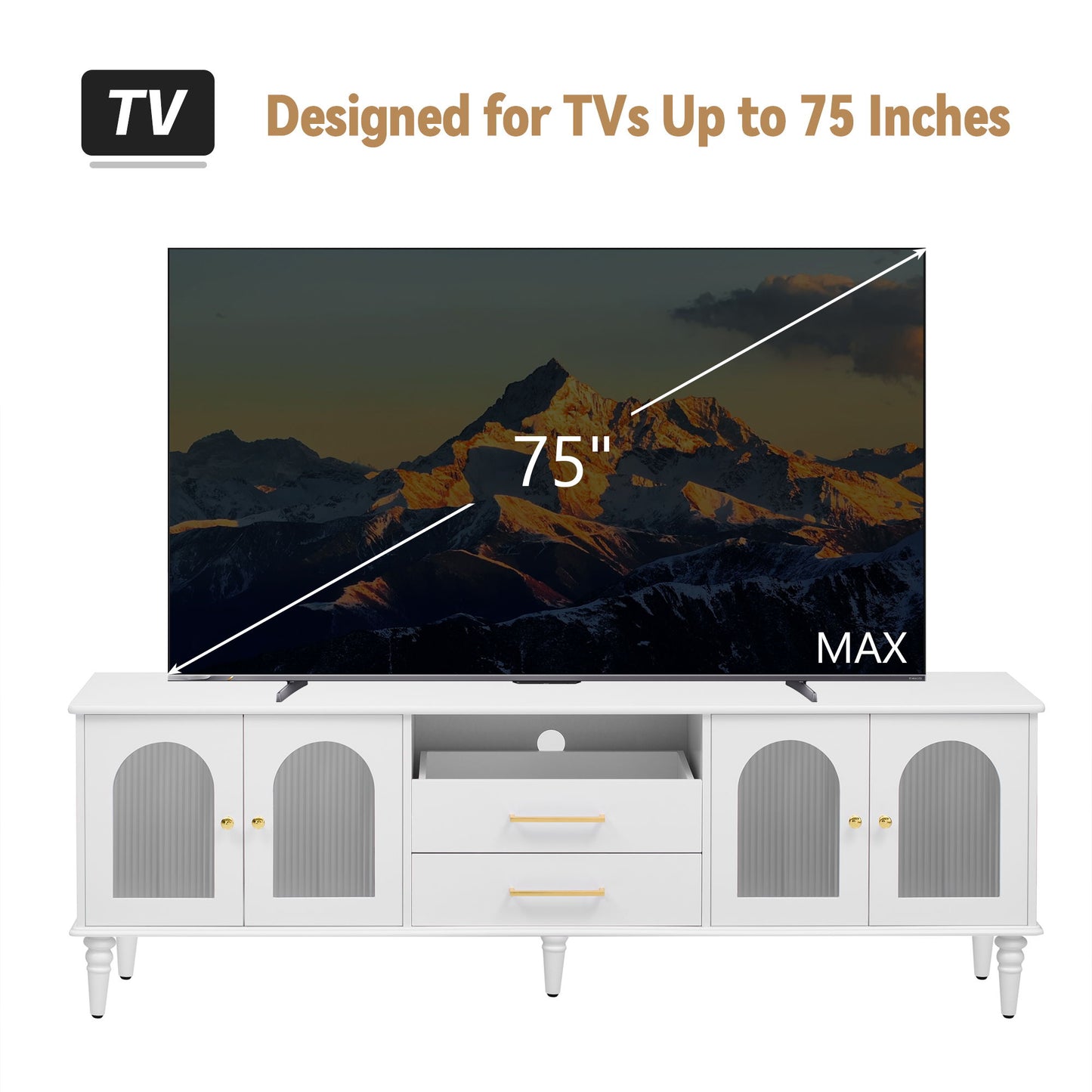 Retro TV Stand For TVs Up To 75", Entertainment Center Media Console With Fluted Glass Doors And 5 Solid Wood Legs For Living Room - White