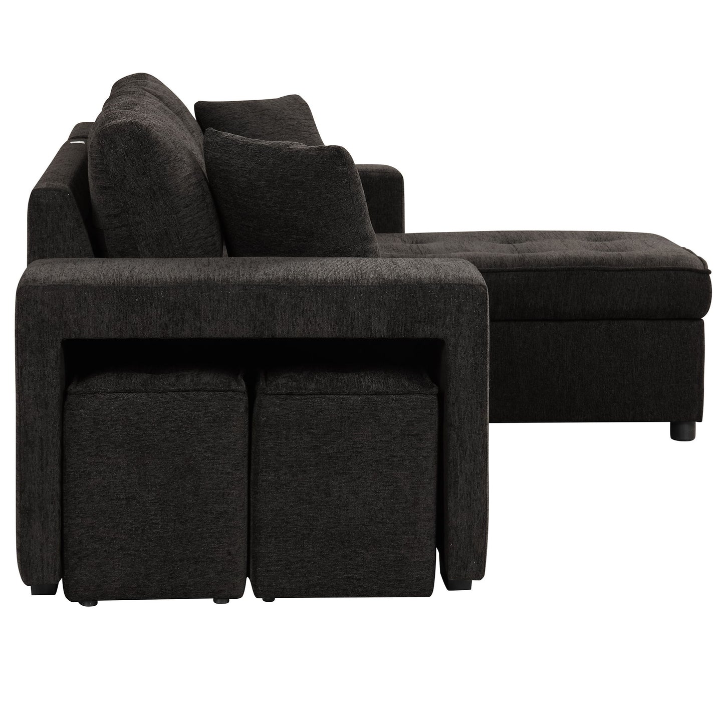 Modern L-Shape 3 Seat Reversible Sectional Couch, Pull Out Sleeper Sofa With Storage Chaise And 2 Stools For Living Room Furniture Set - Charcoal Gray