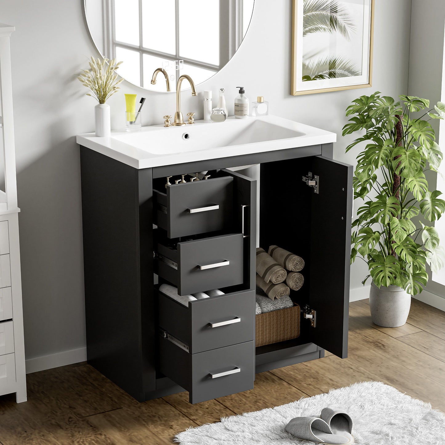 Bathroom Vanity With Ceramic Sink Combo, Frame Bathroom Storage Cabinet, Freestanding Vanity Set With 3 Drawers & Soft Closing Doors - Black