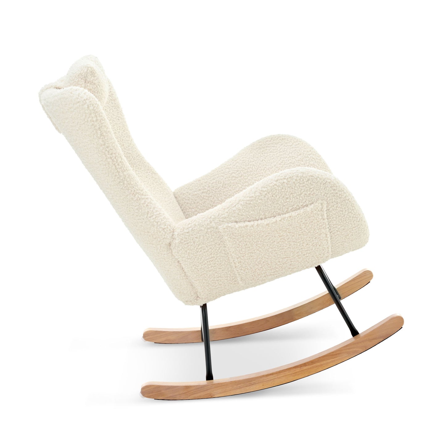 Rocking Chair Nursery, Teddy Upholstered Rocker Glider Chair With High Backrest, Adjustable Headrest & Pocket, Comfy Glider Chair For Nursery, Bedroom, Living Room, Offices, Rubber Wood - Beige
