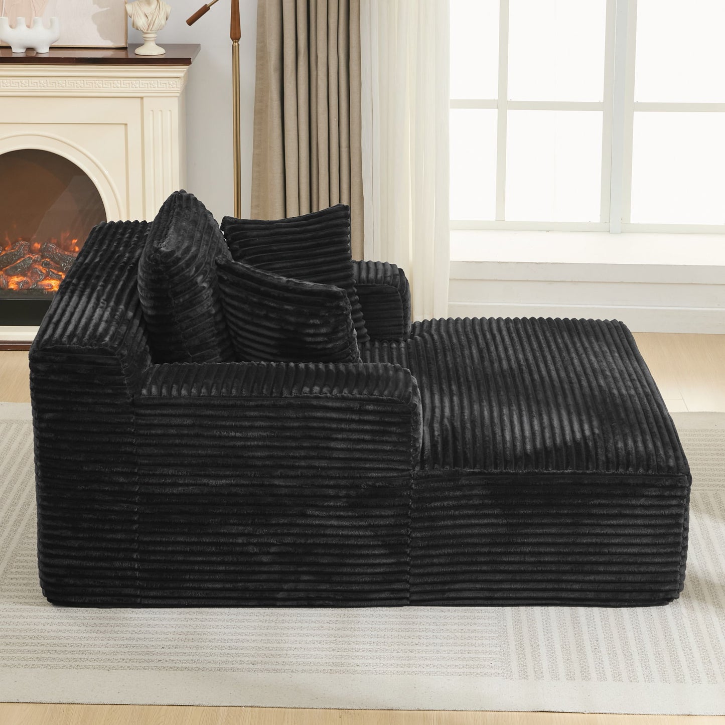 Modern Corduroy Chaise Lounge Sofa Bed With Removable Pillows, Upholstered Sleeper Sofa - Black