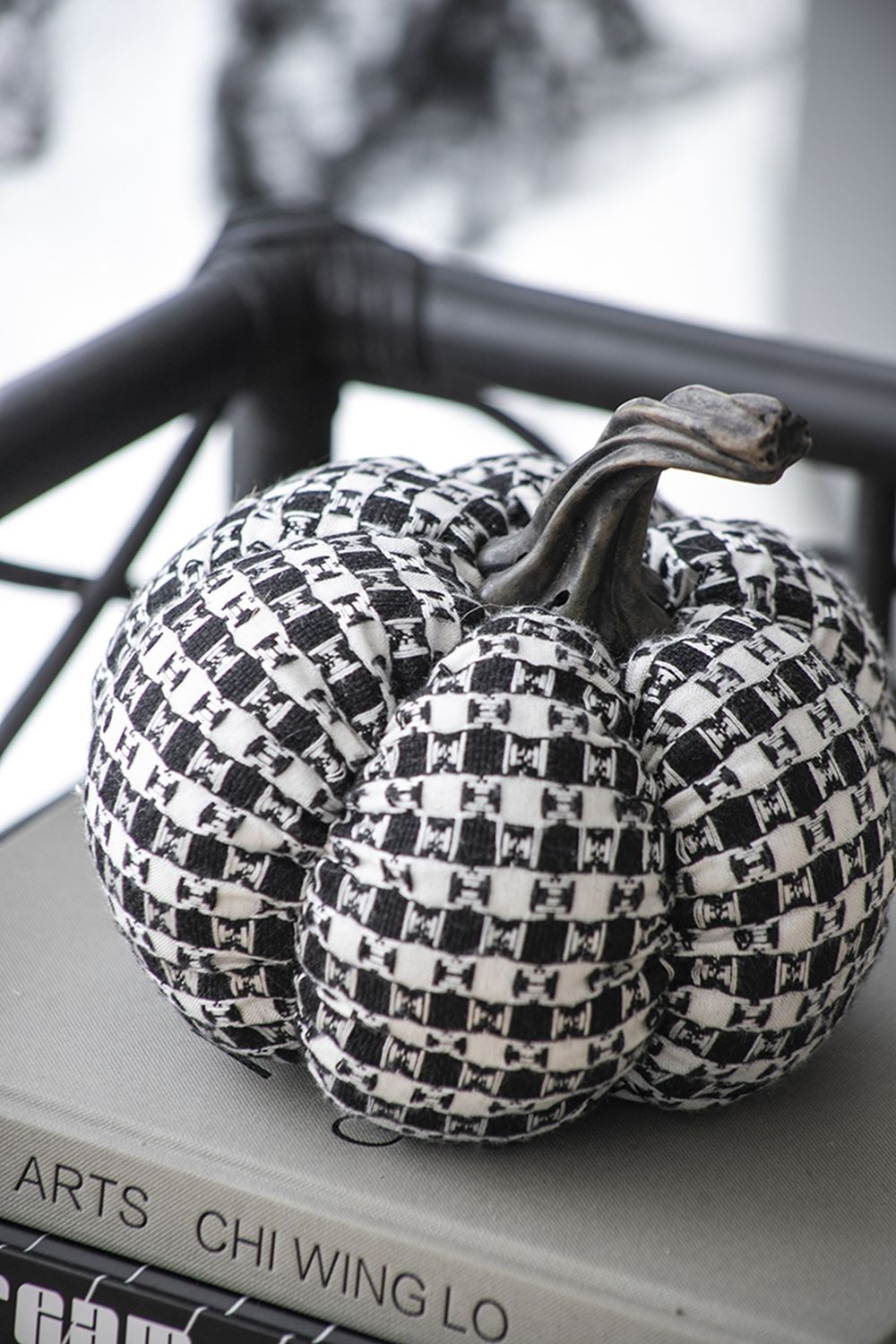 Plaid Pumpkin Decor, For Holiday Halloween Decoration (Set of 2) - Black / White