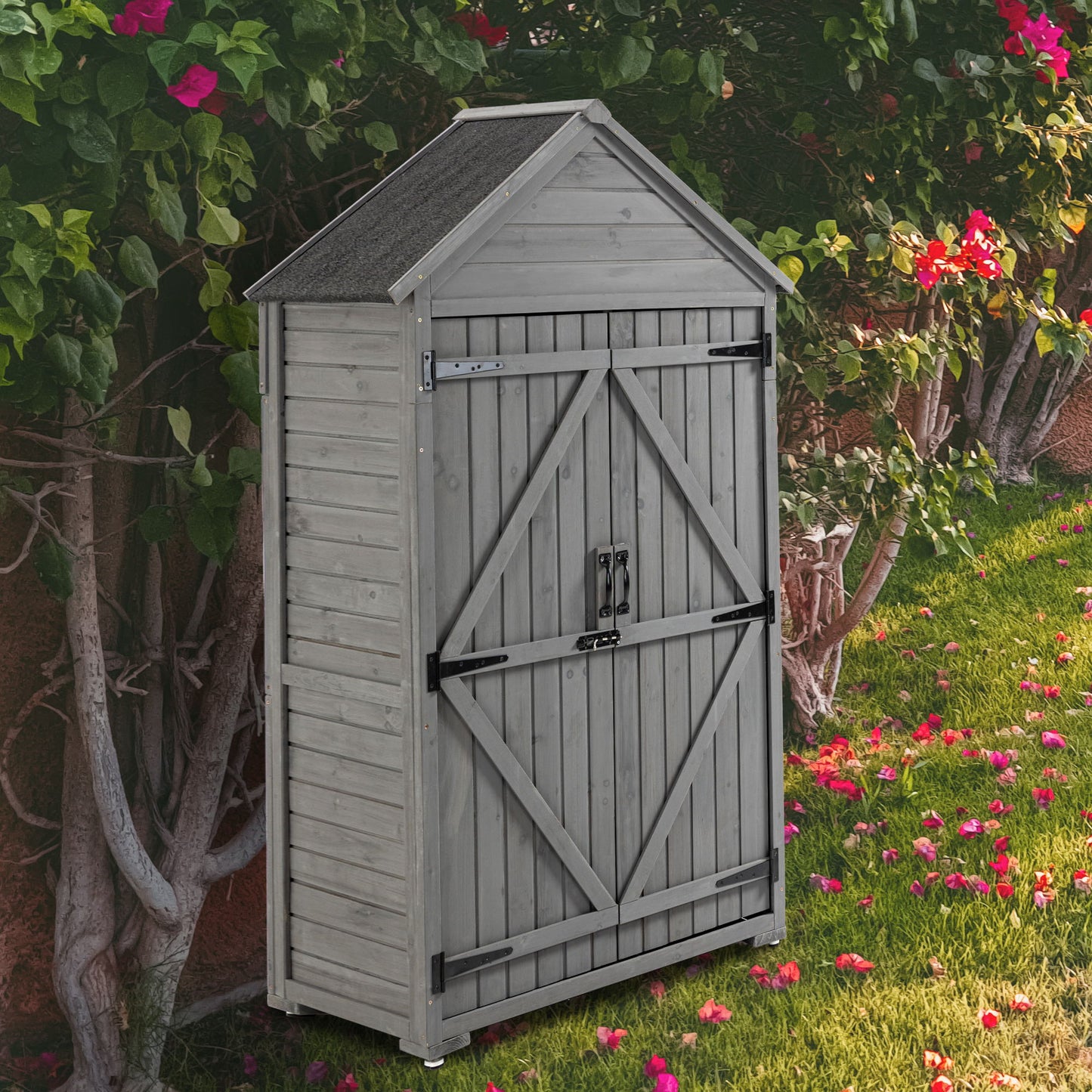 Outdoor Storage Cabinet, Garden Wood Tool Shed, Outside Wooden Shed Closet With Shelves And Latch For Yard - Gray
