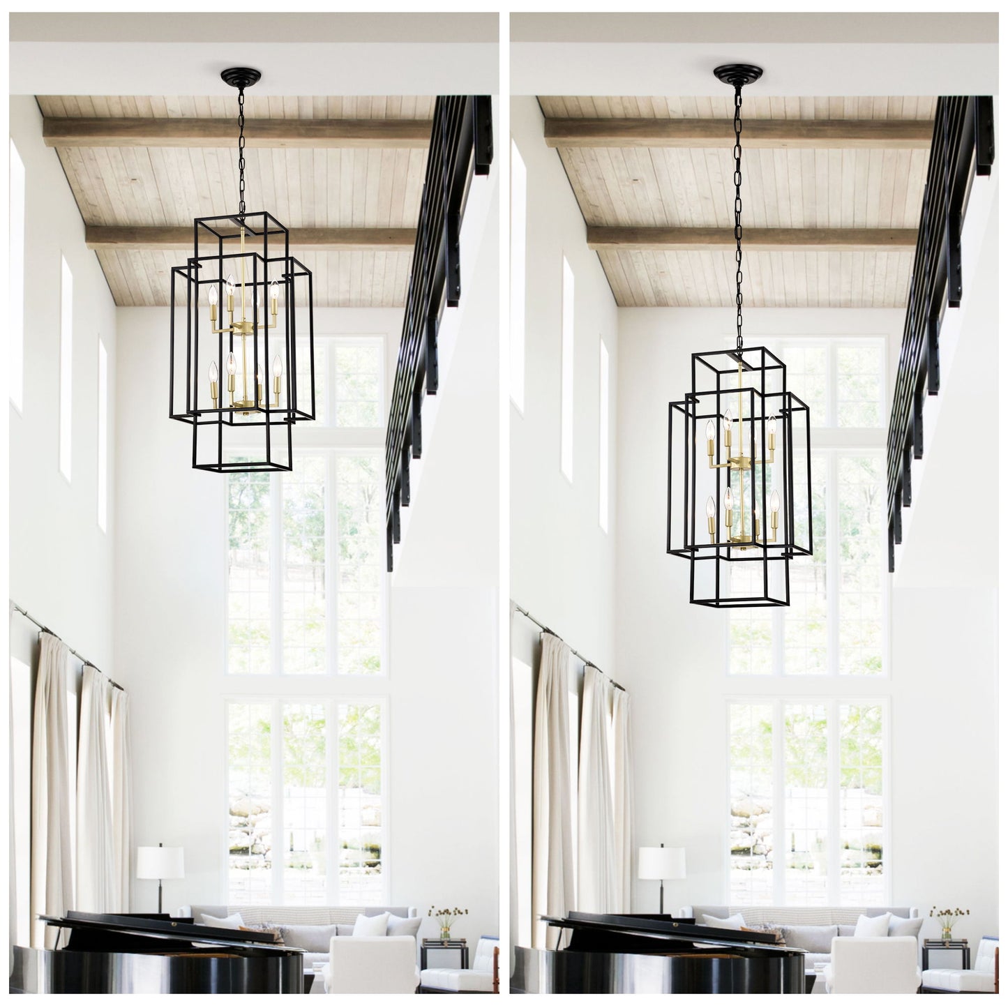 8 Light Metal Lantern Tiered Pendant Hanging Light Fixtures, Industrial Farmhouse Adjustable Height Chandeliers For Dining Room Hallway Foyer Entryway (E12 Bulbs Not Included) - Matte Black / Gold