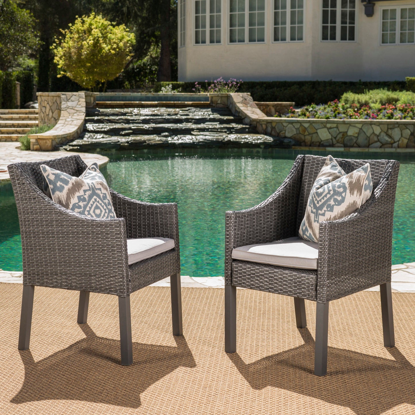 Outdoor Rattan Dining Chair With Straight Legs And Sloped Arms (Set of 2) - Gray / Silver