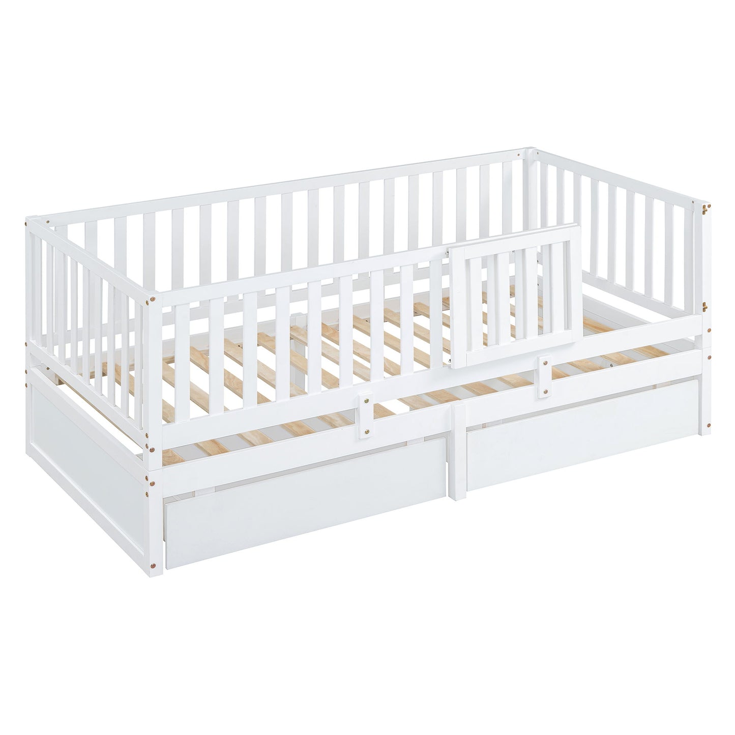 Twin Size Daybed With Fence Guardrails And 2 Drawers, Split Into Independent Floor Bed & Daybed - White