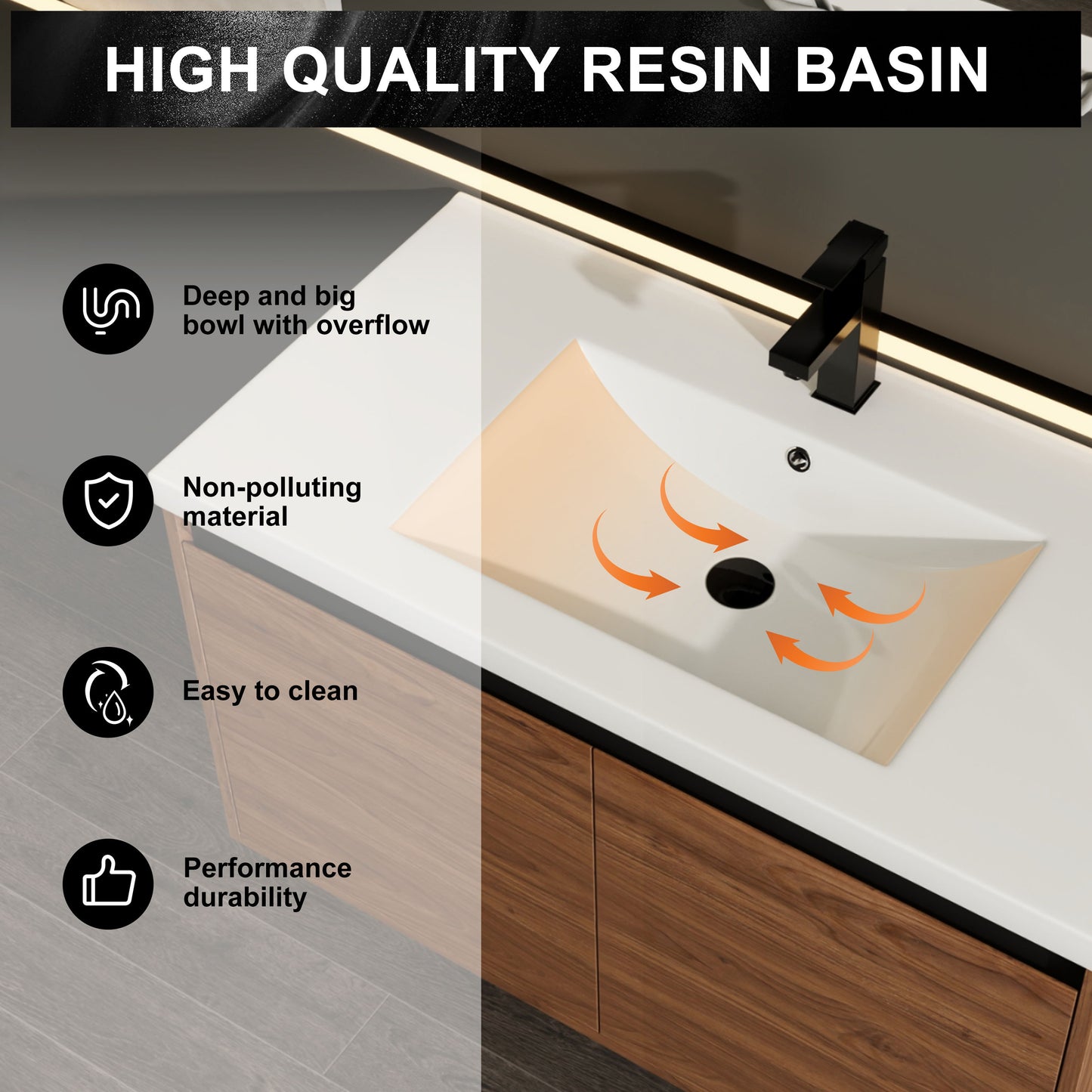 36" Bathroom Vanity Set With Resin Countertop Sink And 2 Doors - Brown