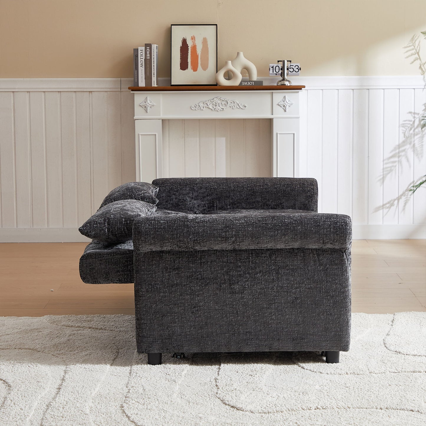 3 In 1 Loveseat Sofa Bed Chenille Fabric Pull Out Couch Sleeper Full Back Frame, Seat Frame, Armrests & 2 Pillows - Dark Gray
