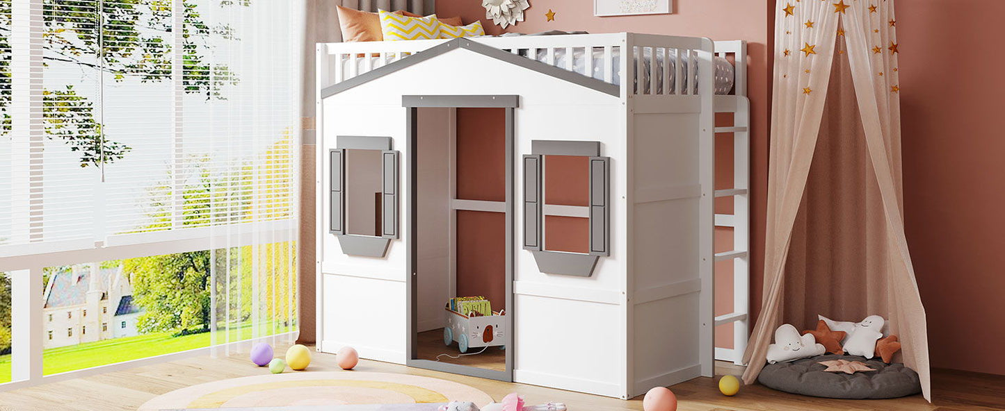 Twin Size House Loft Bed With Ladder - White / Gray