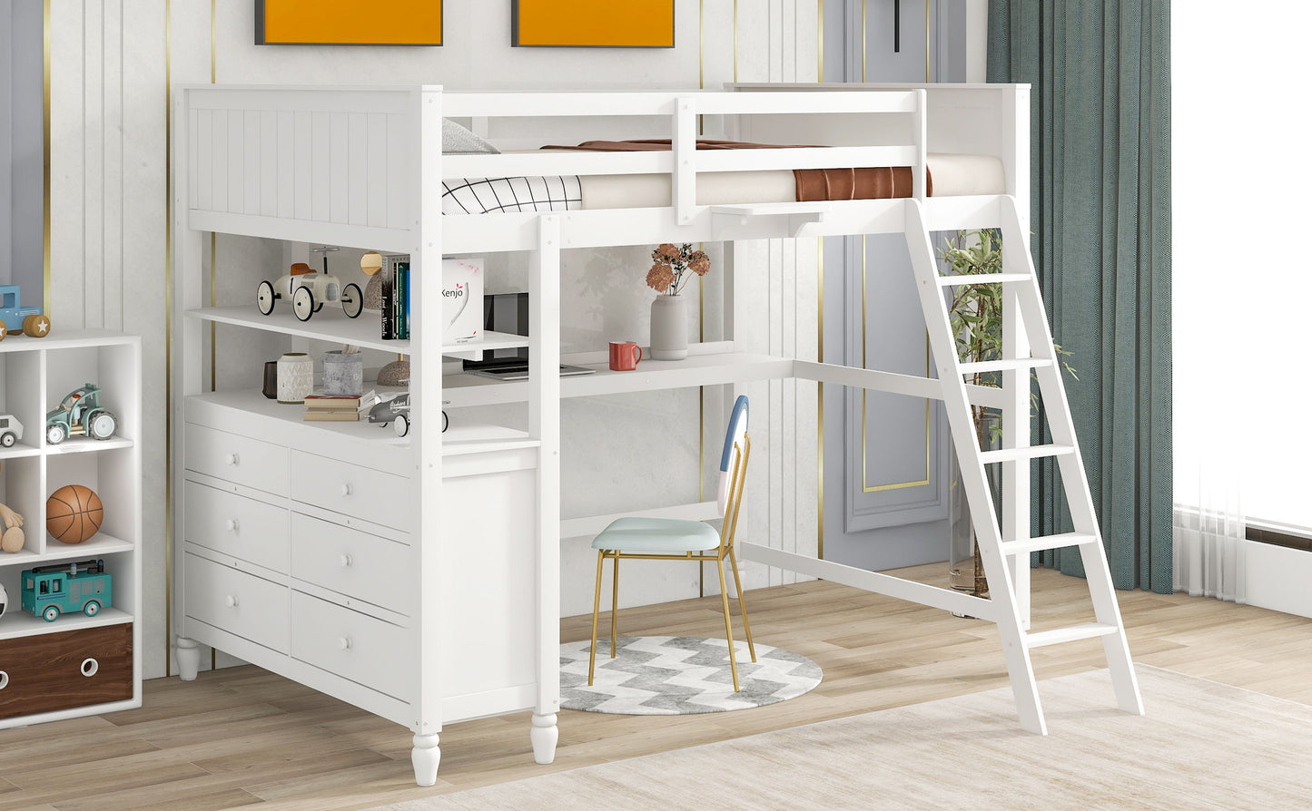 Full Size Loft Bed With Drawers And Desk With Shelves - White