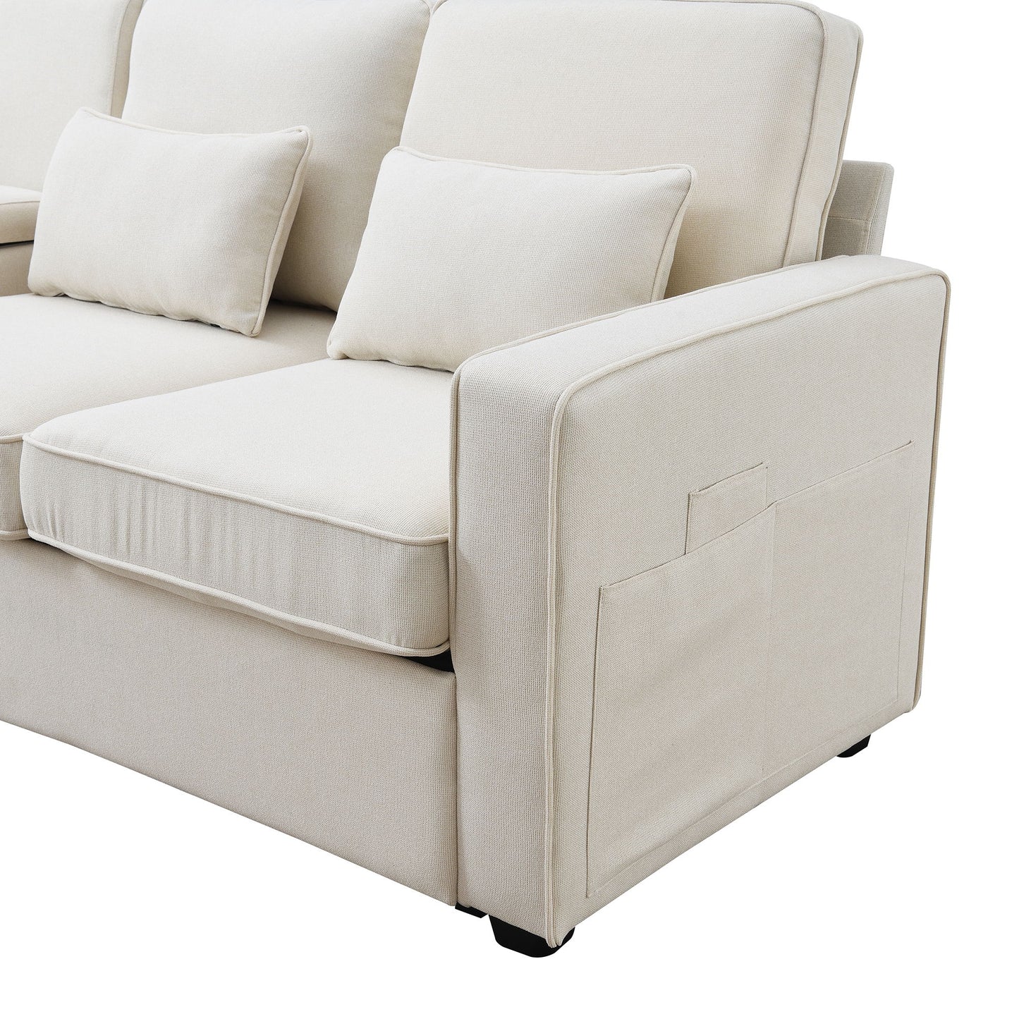 Upholstered Sofa With Console, 2 Cupholders And 2 USB Ports Wired Or Wirelessly Charged, Modern Linen Fabric Couches With 4 Pillows (4 Seat) - Beige