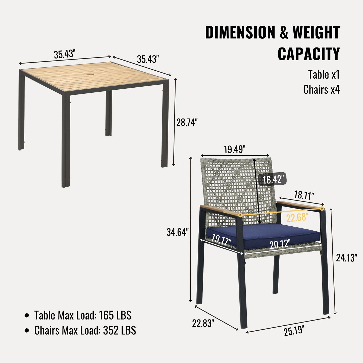 All Weather 5 Piece Patio Dining Table Sets With Acacia Wood Top And Umbrella Hole, Rattan Outdoor - Light Gray