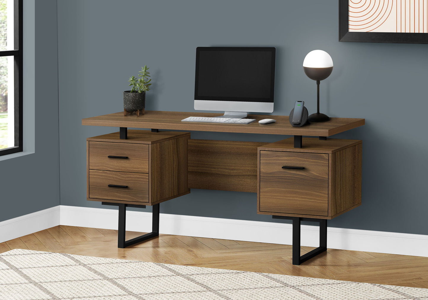 Computer Desk For Home Office, Laptop, Left, Right Set - Up, Storage Drawers, Contemporary & Modern - Walnut
