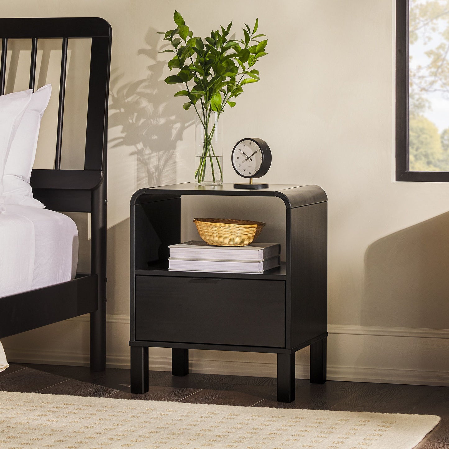 Modern Minimalist Curved Top Nightstand - Black