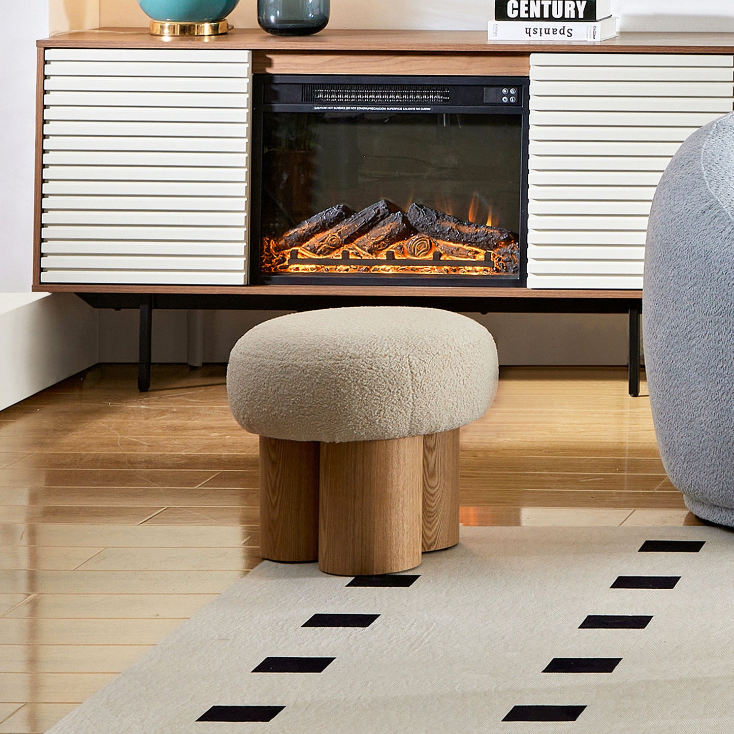 Mushroom Stool With Plush Cushion, Wooden Barrel Pipe - Greige / Walnut