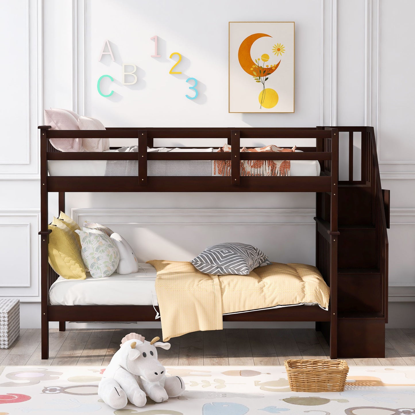 Twin Over Twin Stairway Bunk Bed With Storage And Guard Rail For Bedroom - Espresso