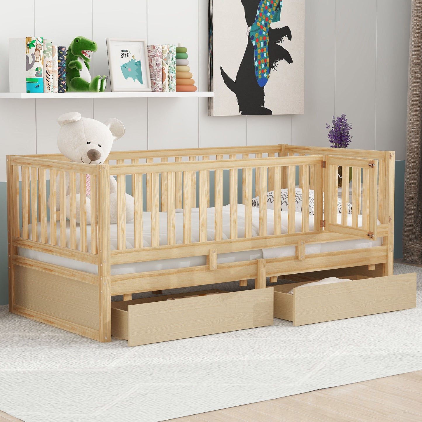 Twin Size Daybed With Fence Guardrails And 2 Drawers, Versatile Split Floor Bed & Daybed - Natural