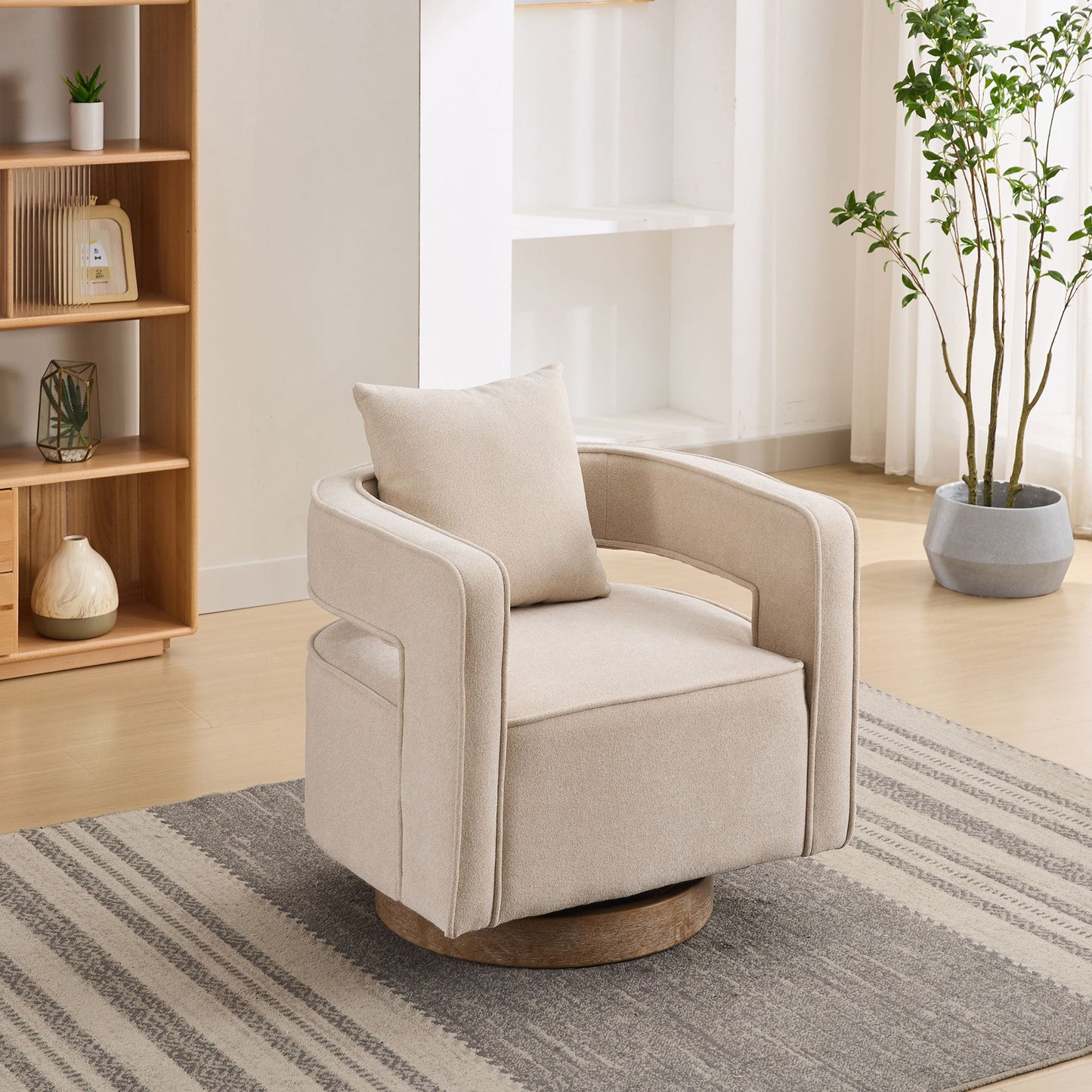 Swivel Accent Open Back Chair Modern Comfy Sofa Chair With Weathered Base For Living Room, Club Chair Leisure Arm Chair For Lounge - Beige