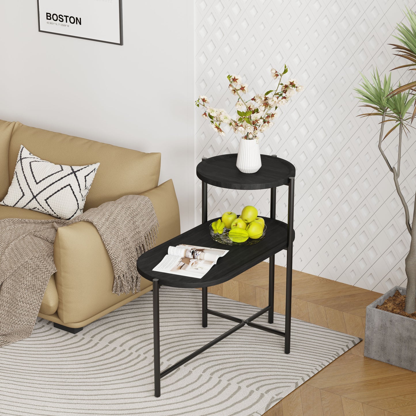 Round Coffee Table With Storage Tray 2 Tier Oval End Tables Wooden Small Side Table For Living Room - Black