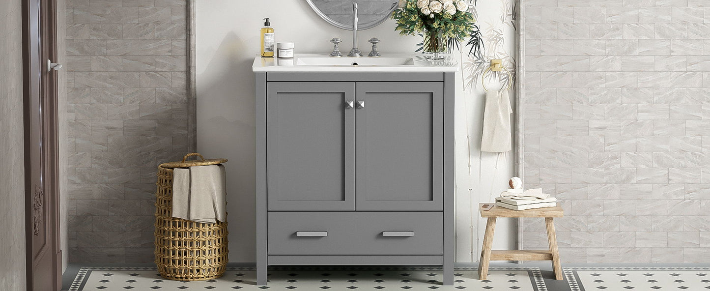 Bathroom Vanity With Single Sink, Combo Cabinet Undermount Sink, Bathroom Storage Cabinet With Two Doors And A Drawer, Soft Closing, Multifunctional Storage, Solid Wood Frame - Gray
