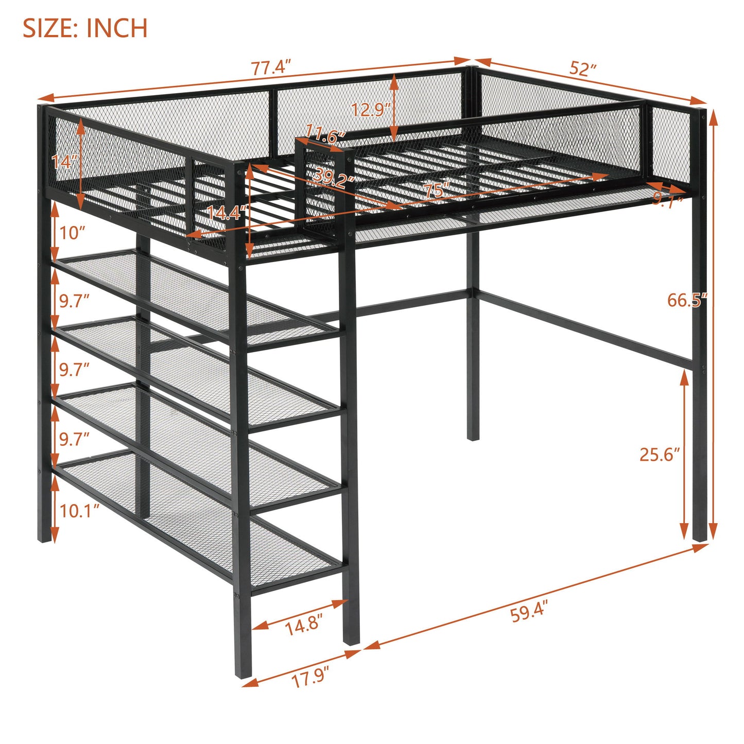 Twin Size Loft Bed With 4 Tier Shelves And Storage - Black