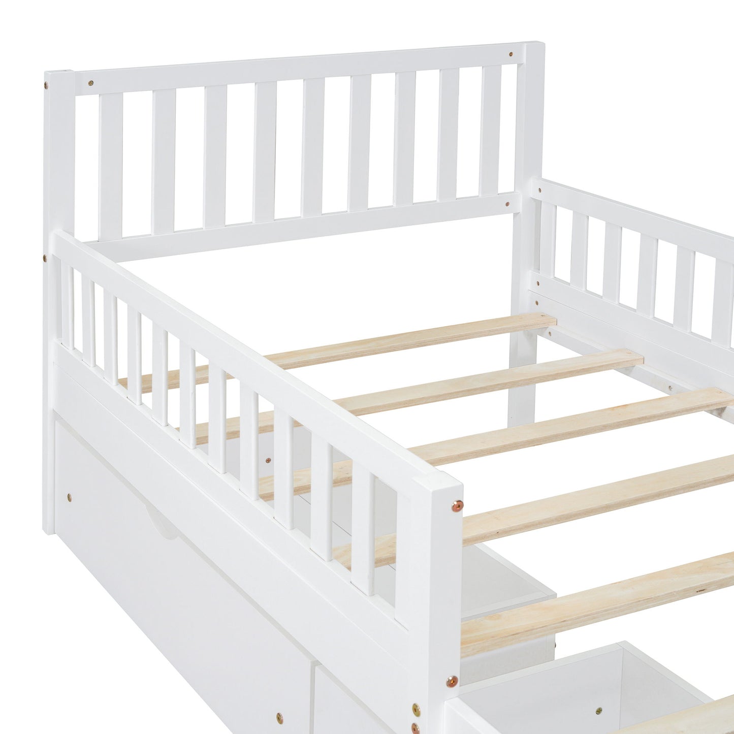 Twin Size Platform Bed With Guardrails On Both Sides And 2 Storage Drawers - White