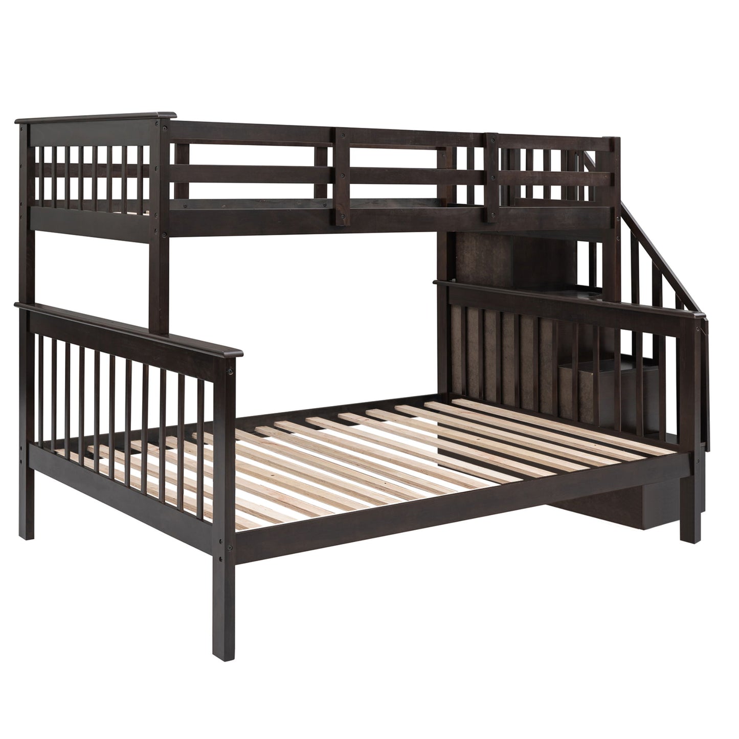 Stairway Twin Over Full Bunk Bed With Storage And Guard Rail For Bedroom - Espresso