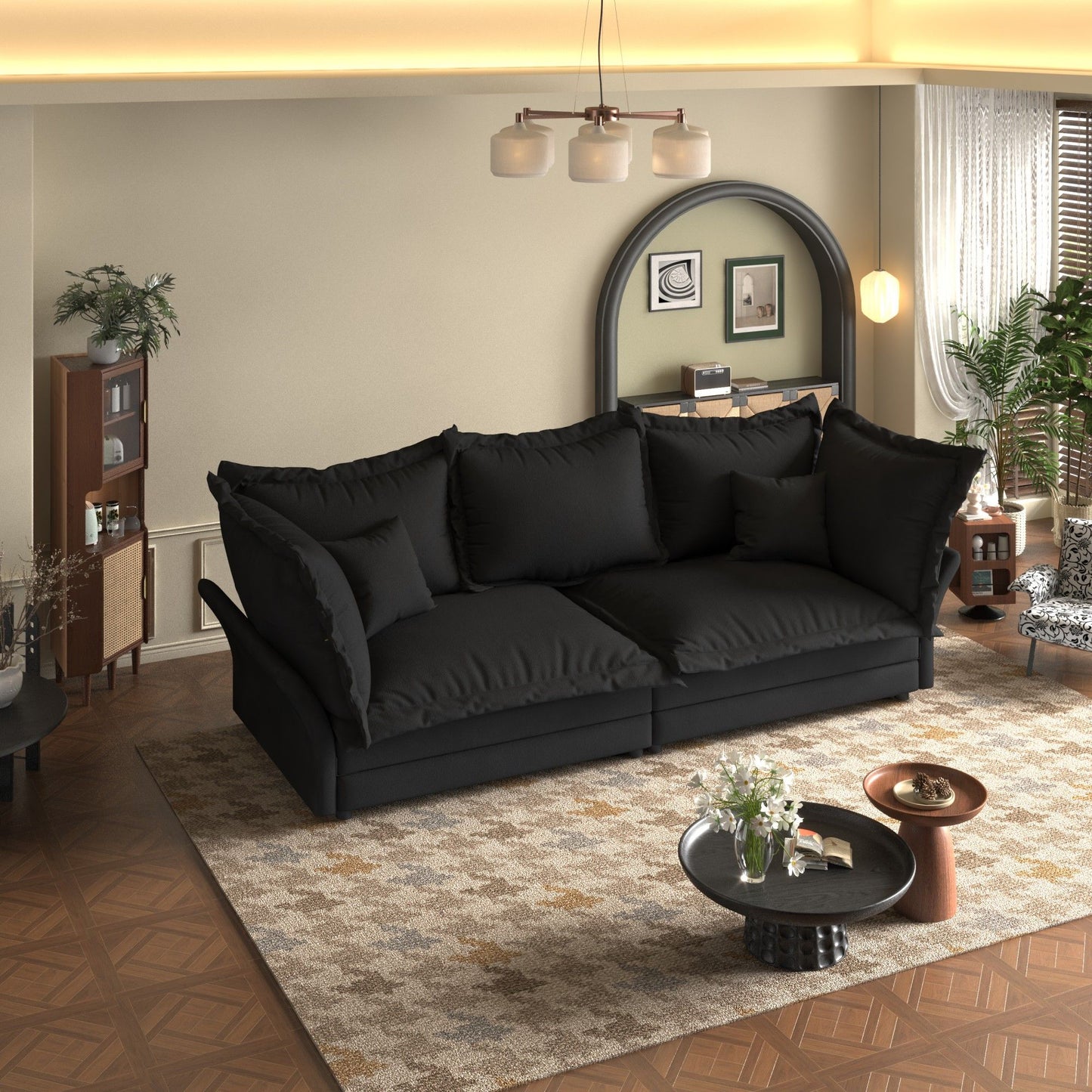 Modern Comfy Upholstered Sofa Cloud Couch, Deep Seat Couches With Multiple Large Soft Pillows, Convertible Deep Seat Chaise Longue For Living Room - Black