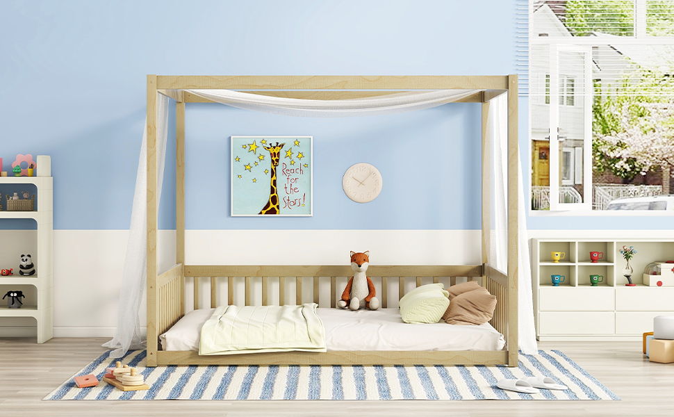 Full Size Canopy Frame Floor Bed With Fence, Guardrails - Natural