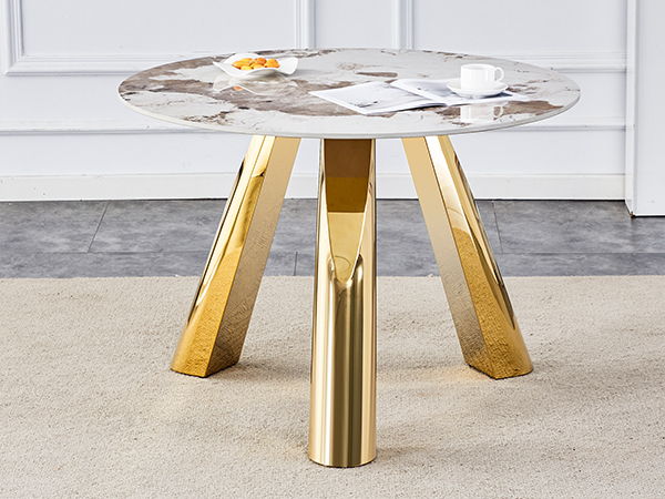 Stainless Steel Pattern Burning Stone Round Table Suitable For 2, 4 Or 6 People - Gold / White