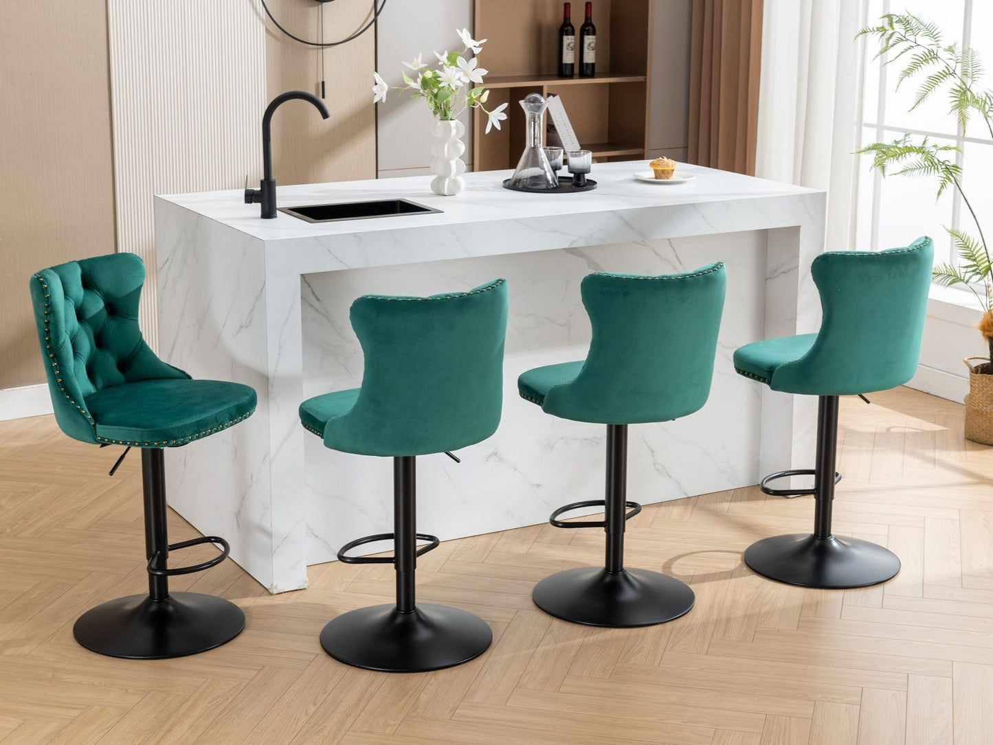 Swivel Velvet Barstools Adjusatble Seat Height, Modern Upholstered Bar Stools With Backs Comfortable Tufted For Home Pub And Kitchen Island (Set of 2) - Green