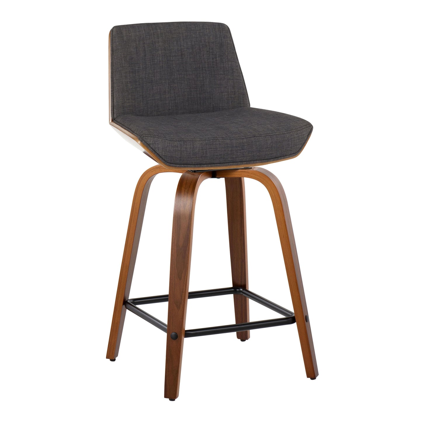 Corazza - Mid-Century Modern Fixed Height Counter Stool With Swivel And Square Footrest (Set of 2) - Walnut / Charcoal