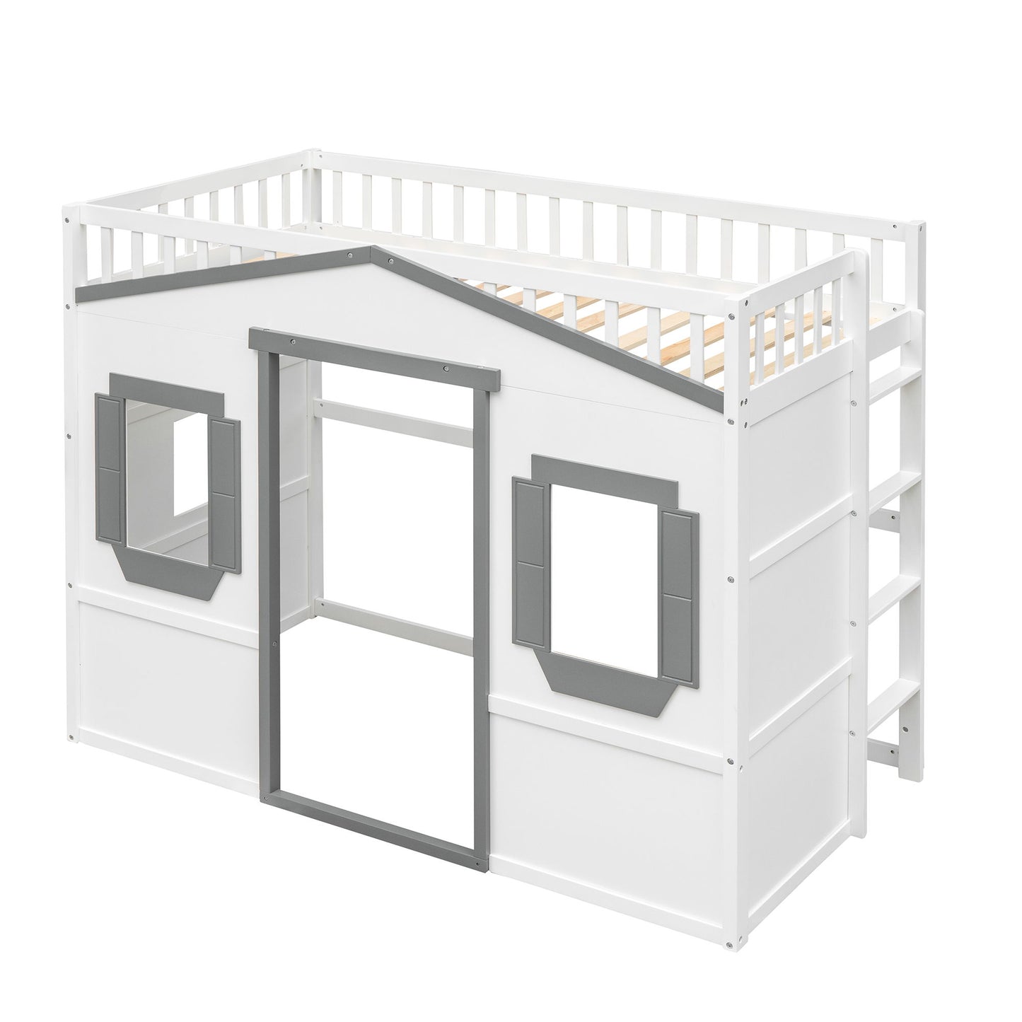 Twin Size House Loft Bed With Ladder - White / Gray