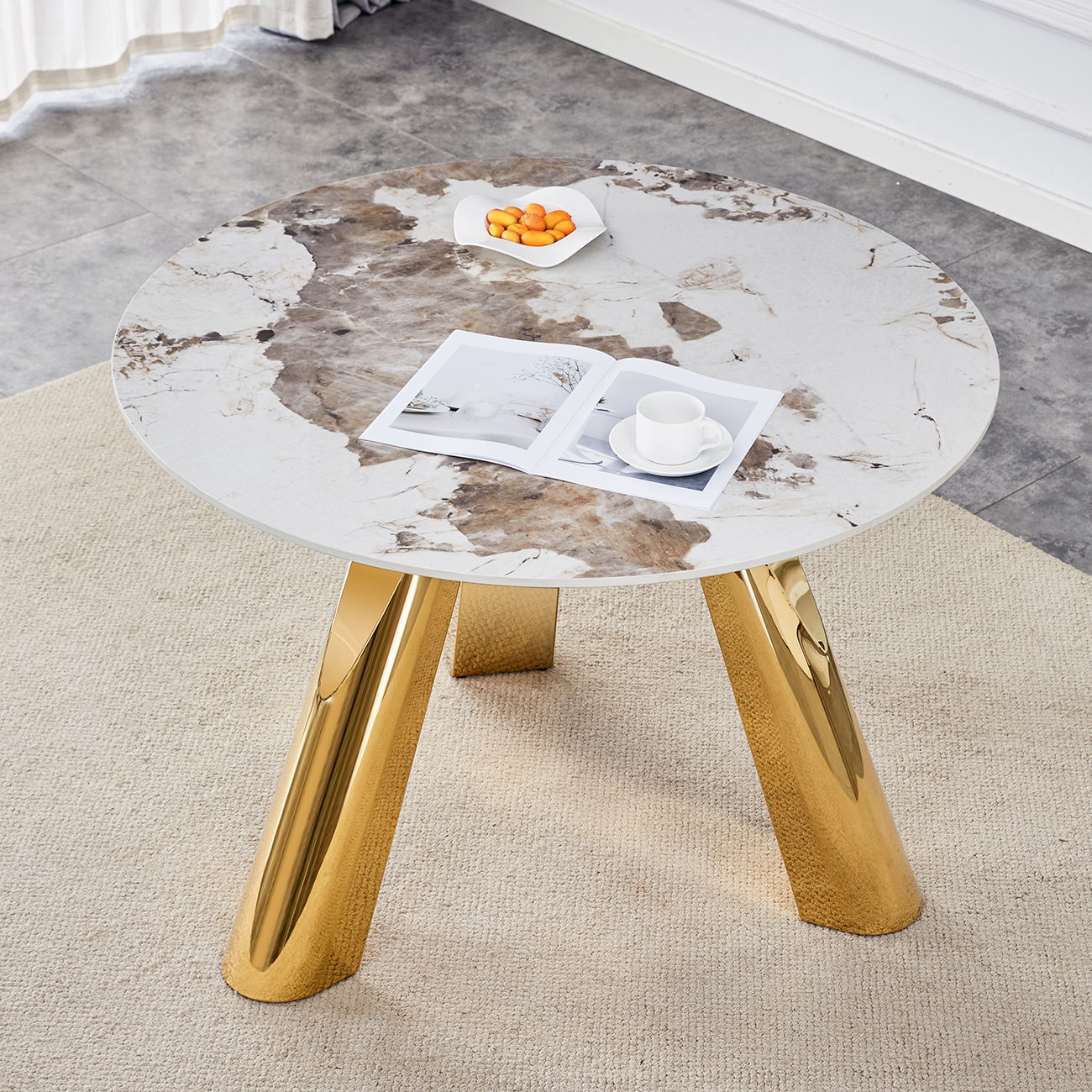Stainless Steel Pattern Burning Stone Round Table Suitable For 2, 4 Or 6 People - Gold / White