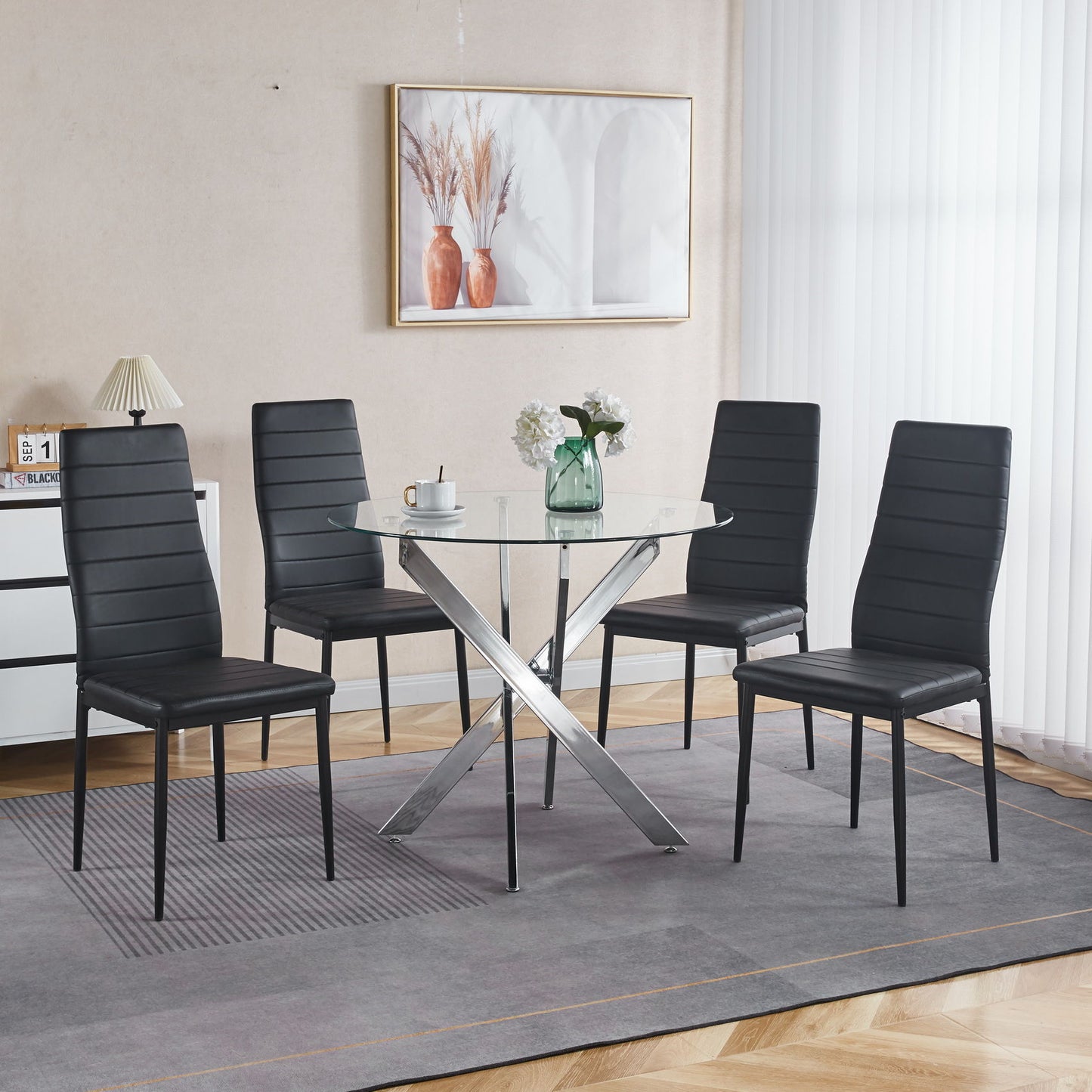 Dining Table With Cross Metal Leg And Tempered Glass, Modern Space Saving Kitchen Table For Living Room Legs - Chrome