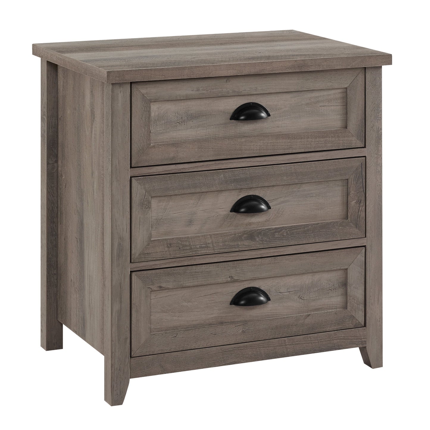 Transitional Farmhouse Framed 3 Drawer Nightstand With Cup Handles - Gray Wash