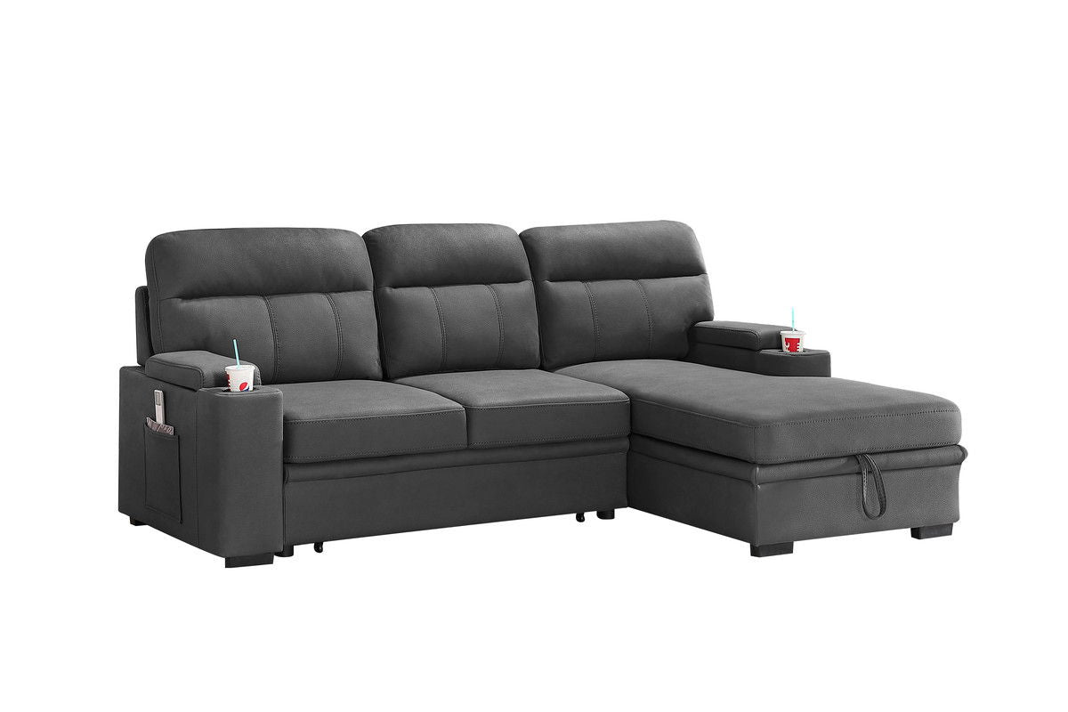 Kaden - Sleeper Sectional Sofa Chaise With Storage Arms And Cupholder - Gray