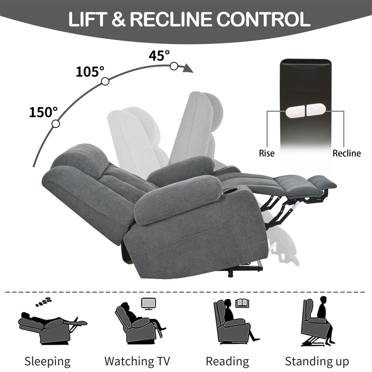 Power Lift Recliner Chair - Fabric Single Sofa With Extended Footrest, Remote Control, Cup Holders, And Side Pockets For Living Room Or Home Theater - Dark Gray