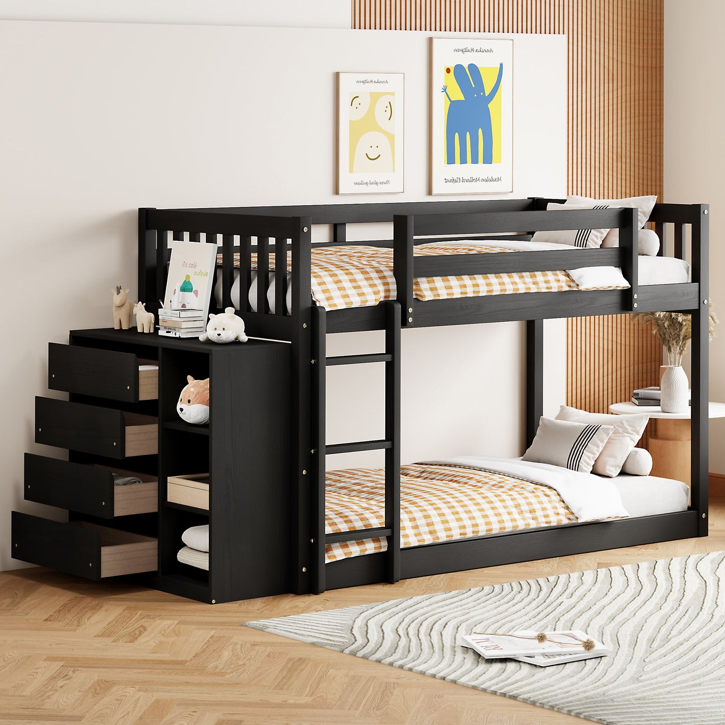Twin Over Twin Classic Bunk Bed With 4 Drawers And 3 Shelves - Espresso