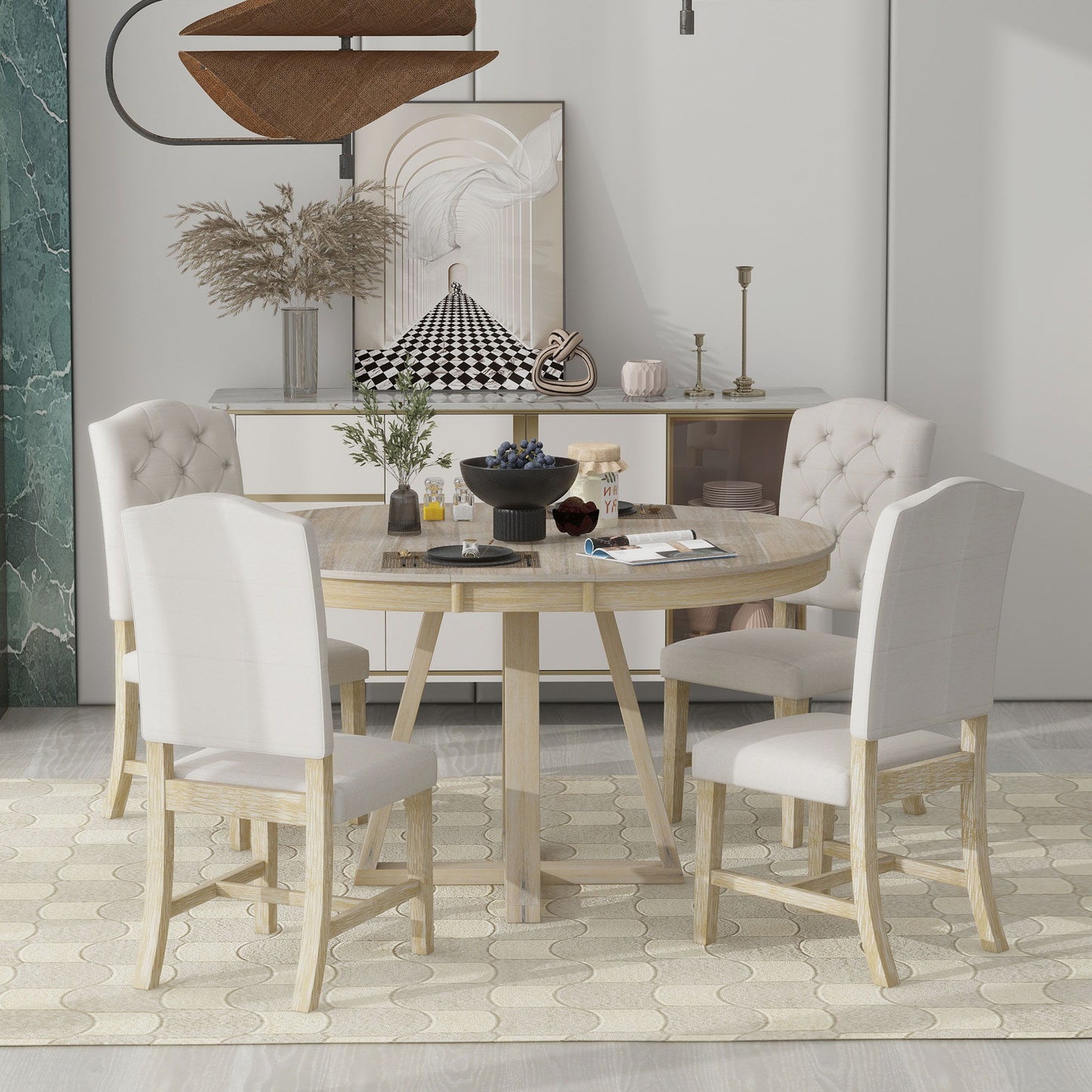 5 Piece Retro Functional Dining Set, Round Table With Leaf And 4 Upholstered Chairs For Dining Room And Living Room - Natural